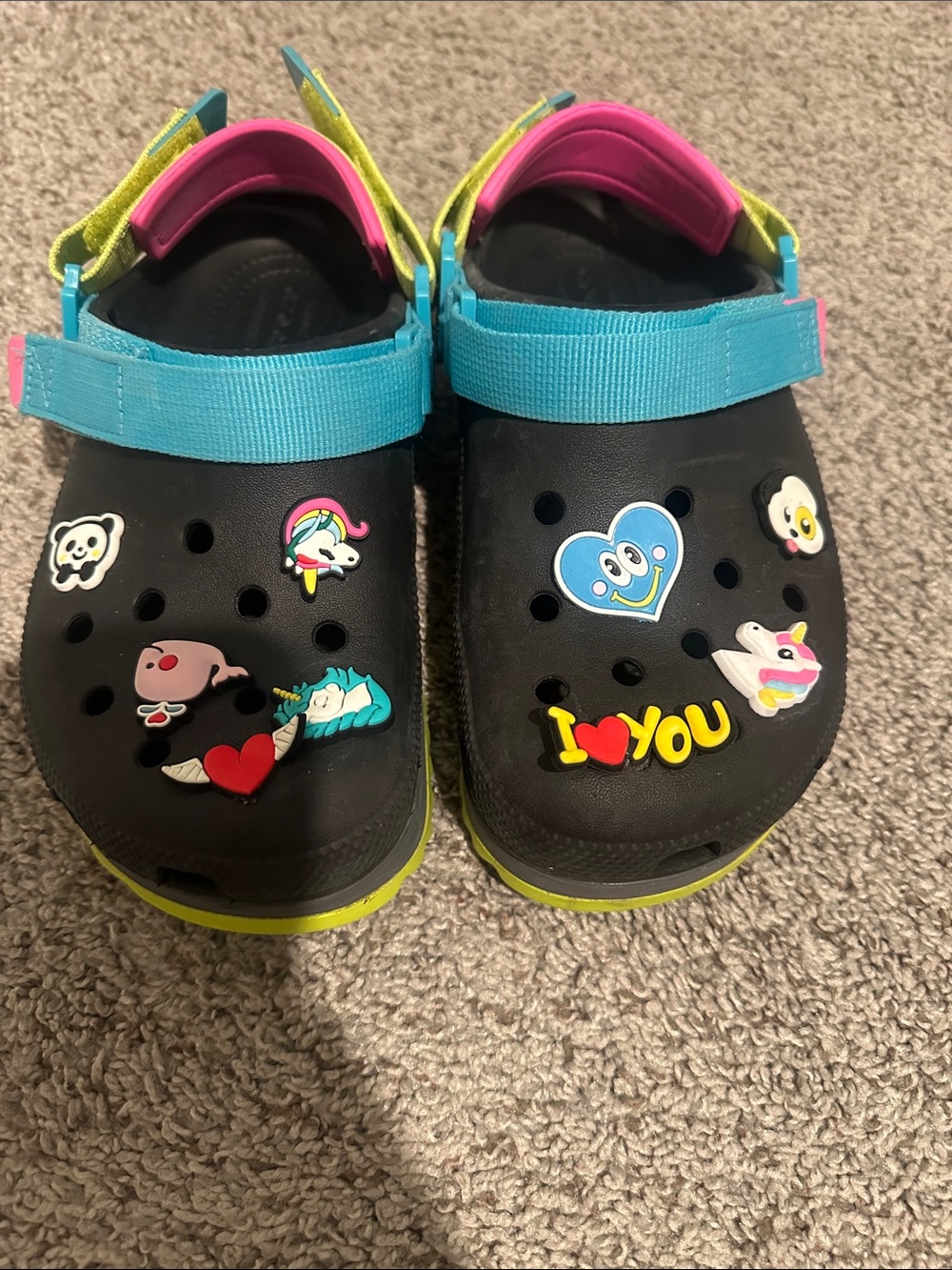 CROCS Kids Black Clogs with Blue Straps and Neon Green Soles